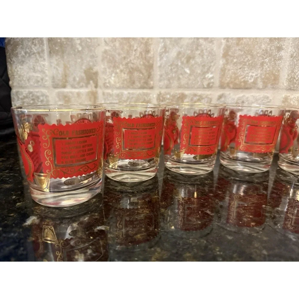 8 VTG Mid Century Modern Red Gold Whiskey Sour Old‎ Fashioned Bourbon Glasses